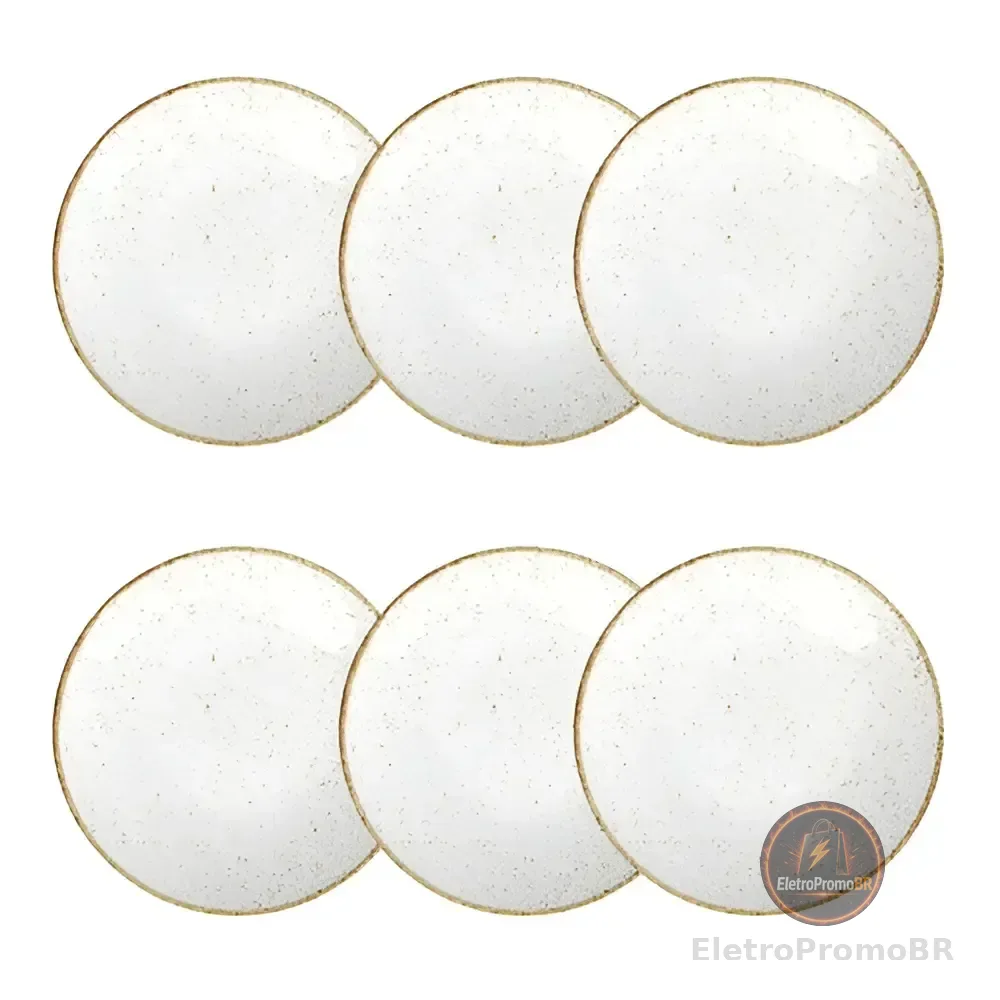 Jogo 6 Pratos Rasos Rústico Marrom Porcelana 25cm Tramontina Branco Liso