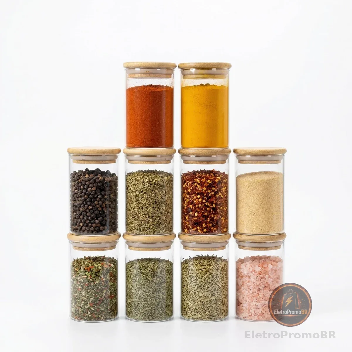 Kit com 10 Potes de Vidro Redondo 250ml Herméticos com Tampa de Bambu – Organizadores Redondos para Cozinha, Mantimentos, Temperos, Grãos e Alimentos