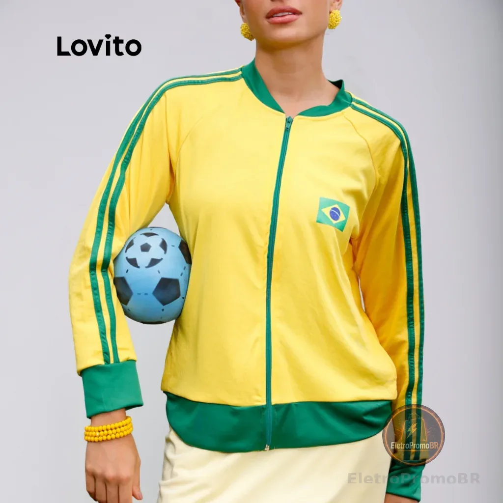 Lovito Jaqueta Feminina Com Ziper Amarela Moda Copa do Mundo JKB17111741