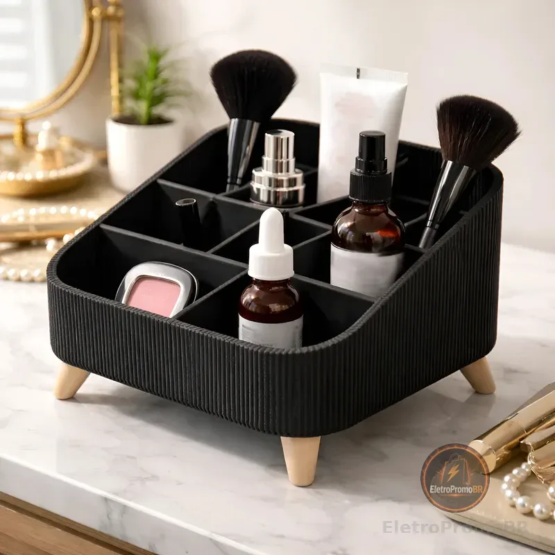 Organizador de Maquiagem com Divisórias Porta Cosméticos Pés Bege Branco Preto Luxo Elegante