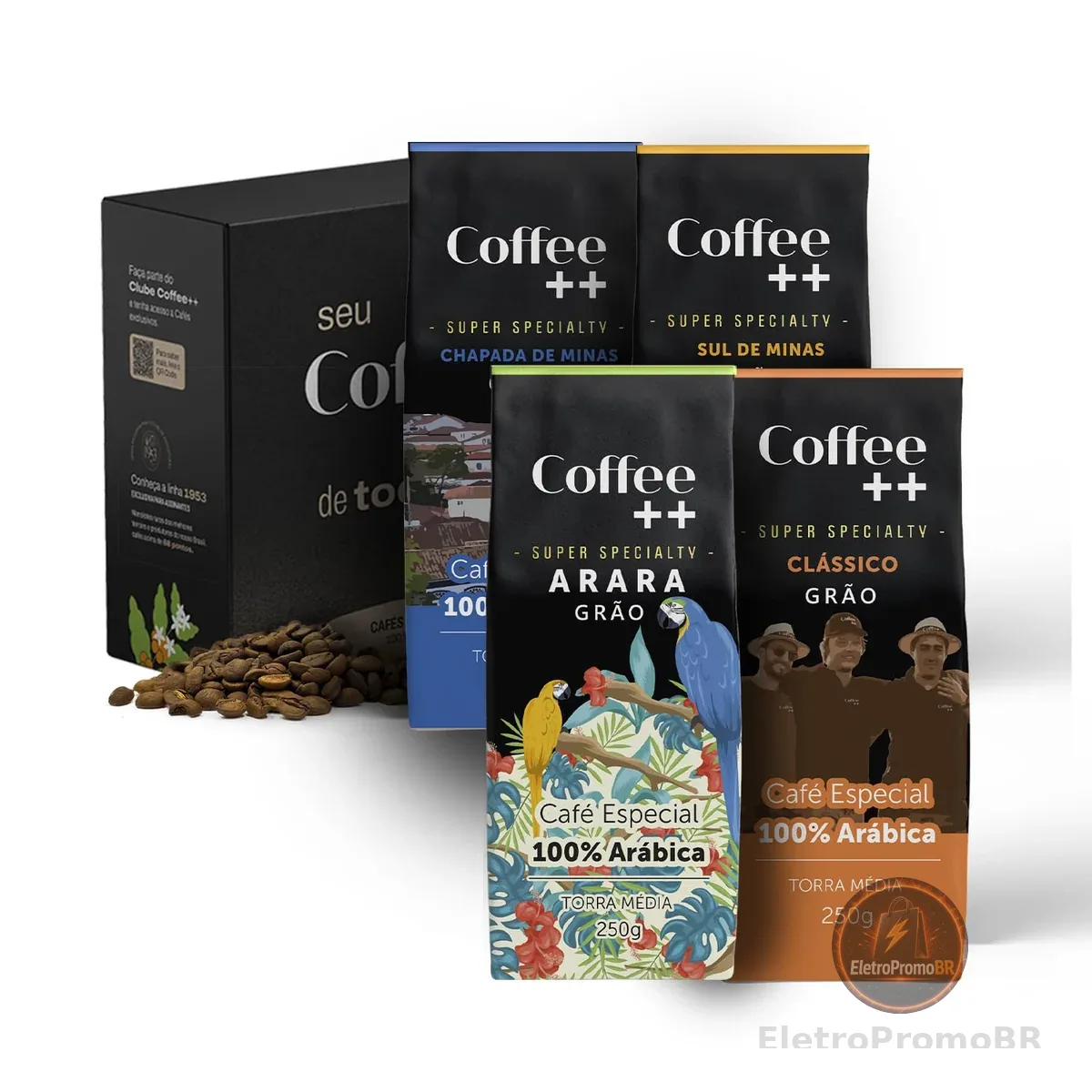 Kit 4 Cafés Especiais em Grãos Coffee++: Arara, Chapada de Minas, Cerrado Mineiro e Clássico - 250g cada