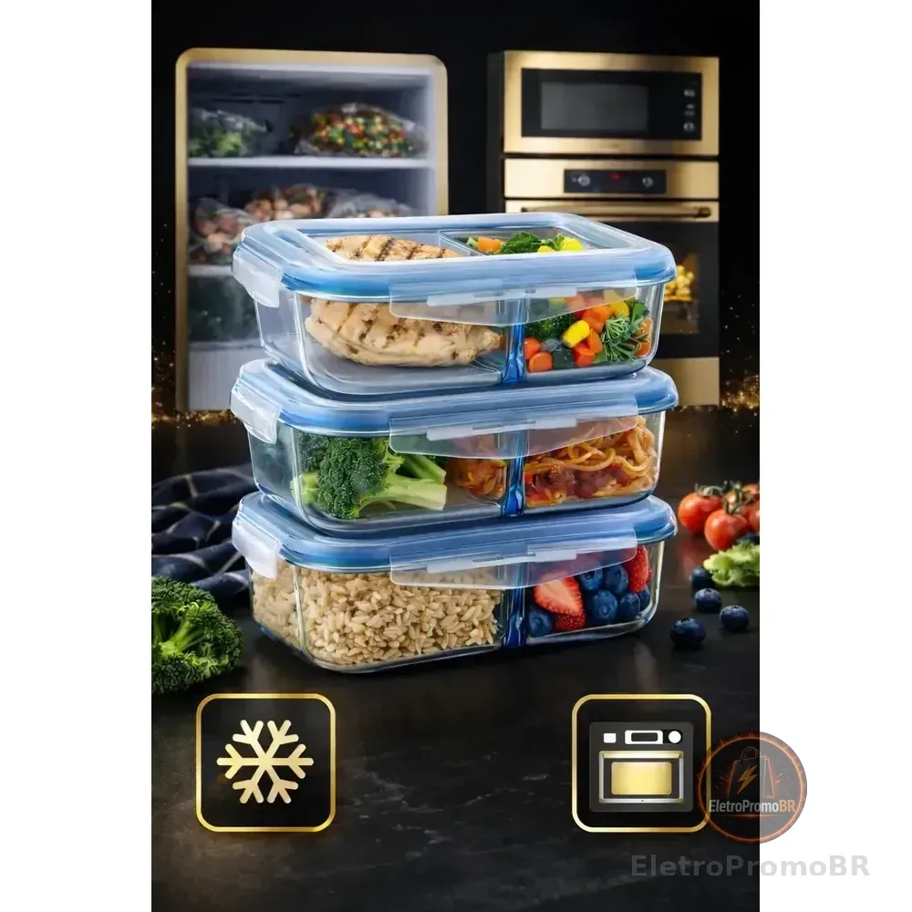 Kit 3 Potes Marmita Vidro Hermético 1040ml C/ Divisória Free Freezer Microondas Forno Água