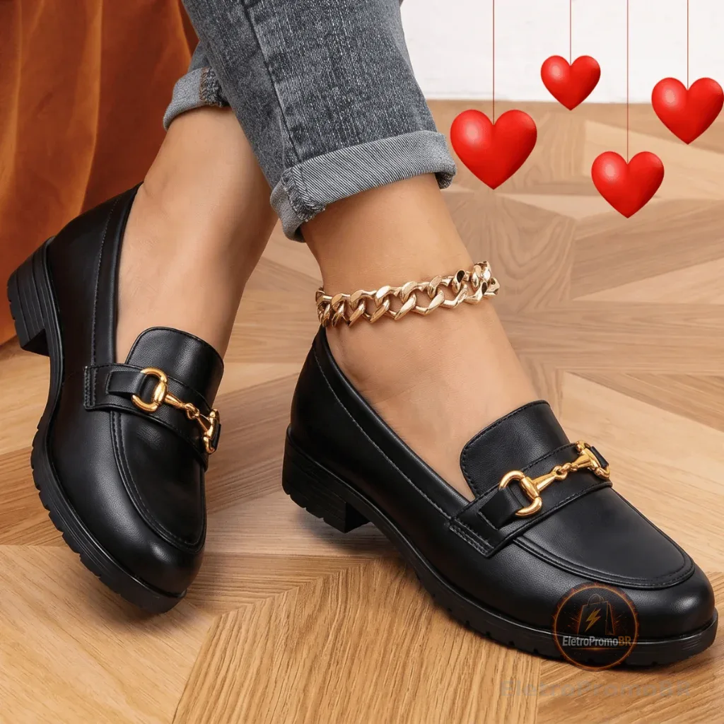 Sapato Feminino Mocassim Bico Quadrado Social Confortável Solado Tratorado - Dia a Dia