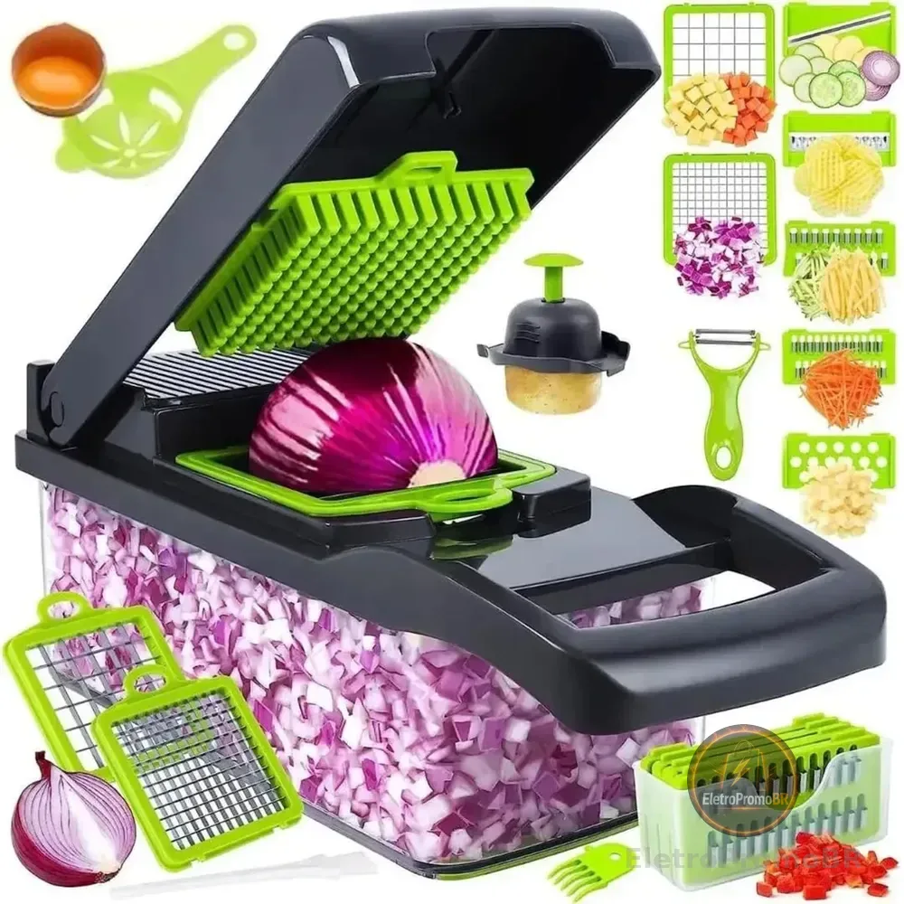 Triturador Cortador Ralador De Legumes 16 Em 1 Multifuncional Profissional Com Recipiente Grande Fatiador Manual Cozinha Completa Premium Cinza/verde