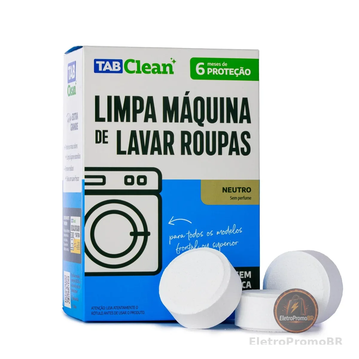 Limpa Maquina de Lavar Roupas em Tabletes/Pastilhas TabClean cx c/ 06 unidades de 30g (180g) para todos os tipos de Maquinas de Lavar Roupas (concentrado) 6 meses de proteção, basta 1 por mês.