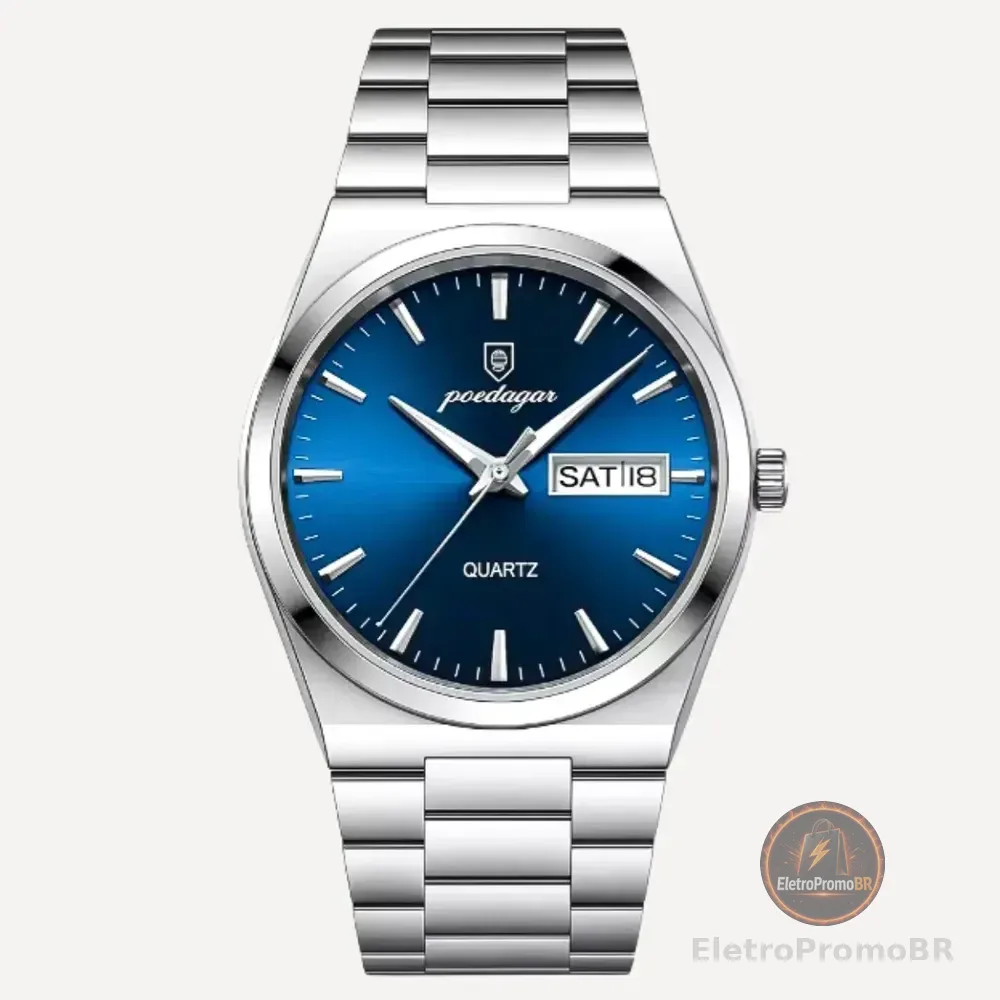 Relógio Masculino Luxo Poedagar Old Money Aço Quartzo Prata Prateado Clássico Azul Capra Pink