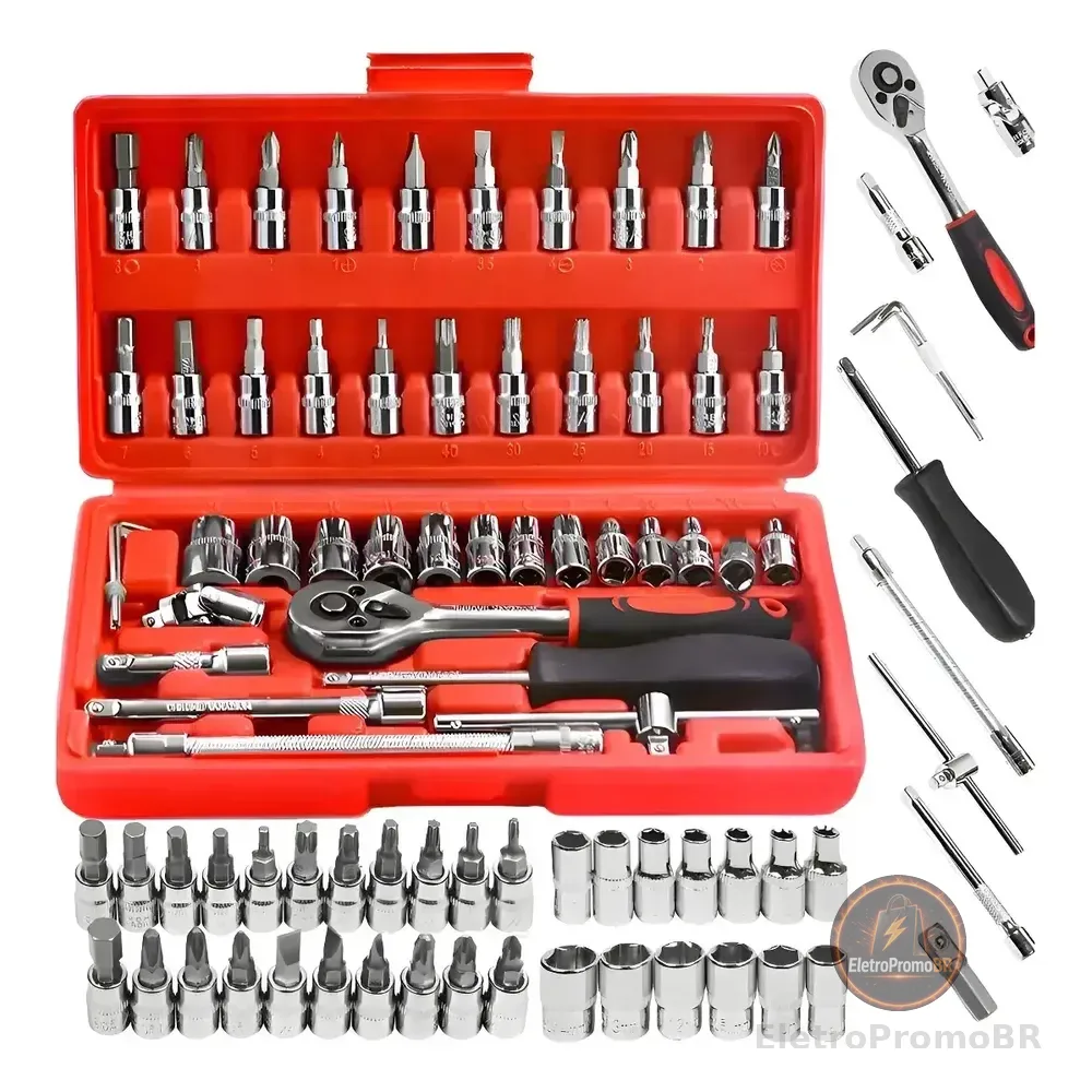 Kit 46 Ferramenta Jogo Chave Catraca Repara Moto Carros Vermelho