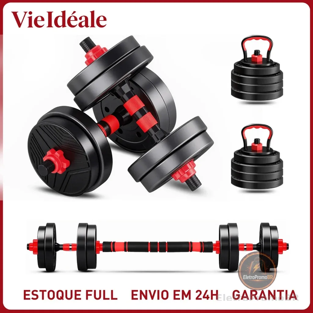 Kit Halteres 6 Em 1 Musculação Até 15kg Ajustável Kettlebell Barra Anilha