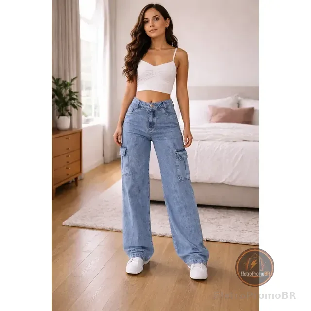Calça Cargo Feminina Wide Leg Cintura Alta Jeans  Stillger