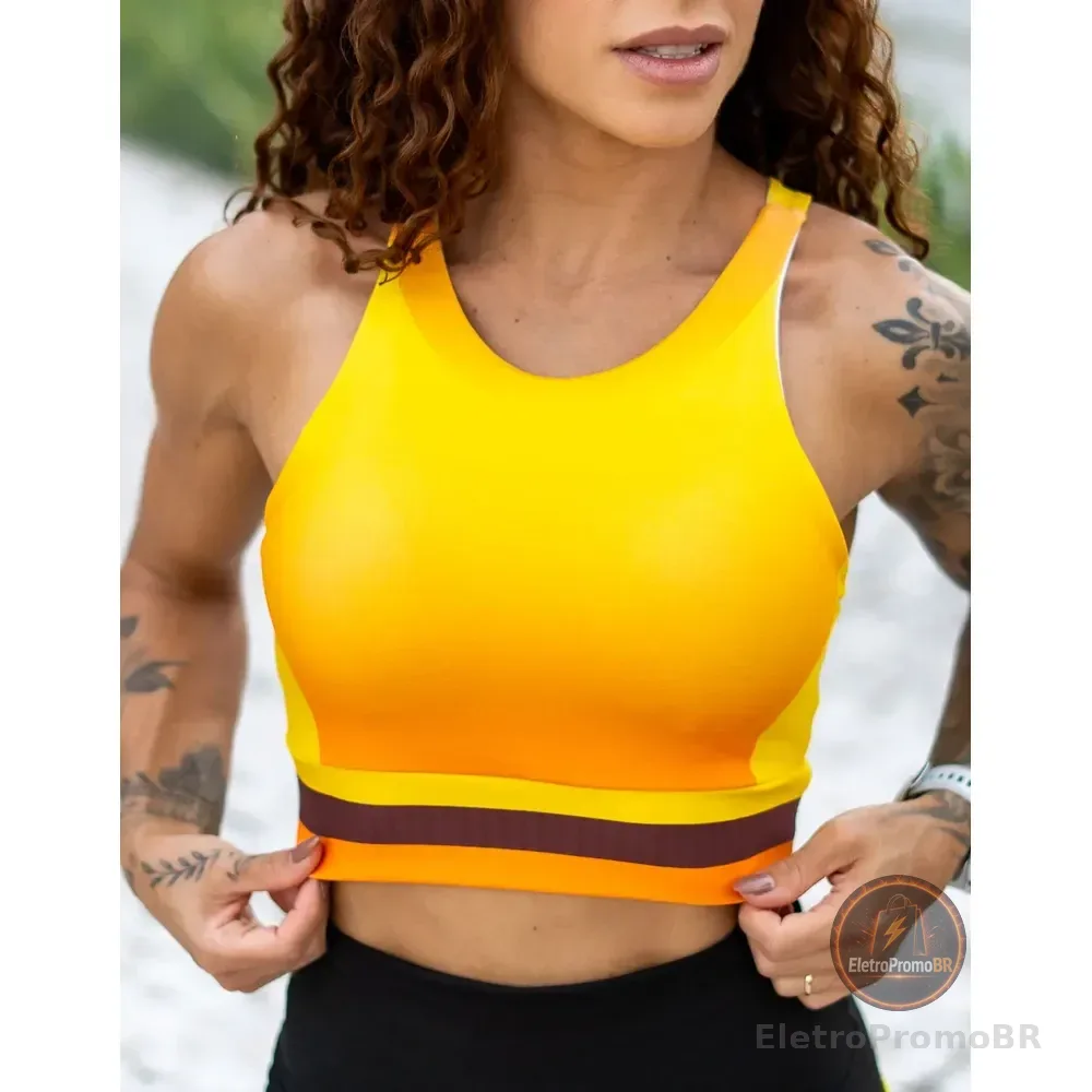Cropped Corrida Alta Sustentação Com Bojo Removivel Ciclico Laranja Energy Liso G