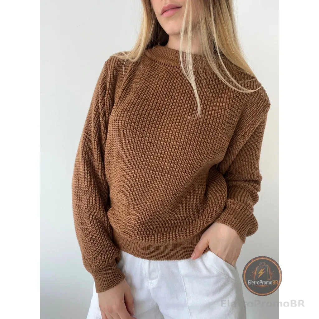 Blusa Tricô Inverno Ponto Fang Tricot Gola Redonda Manga Bufante