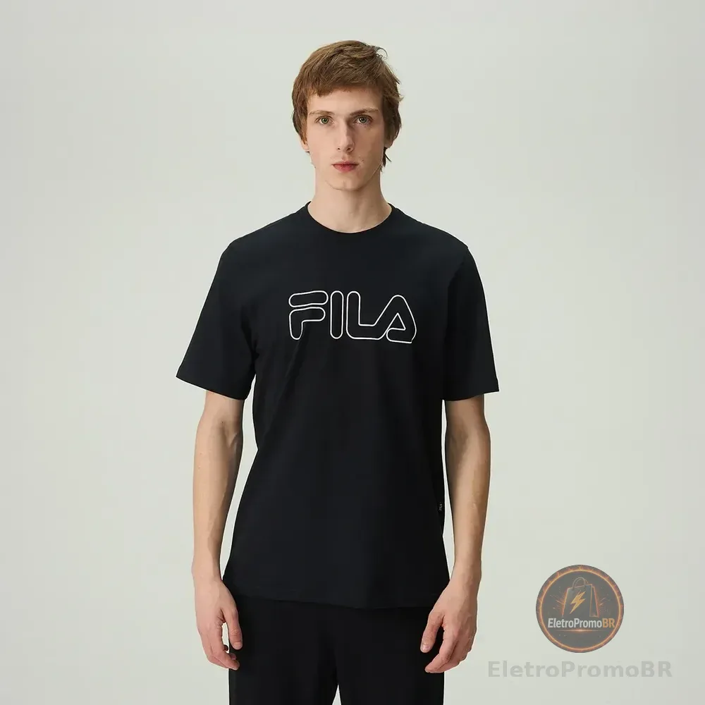 Camiseta Masculina Fila Regular Letter Outline. Preto/preto/branco Logomarca P Lisa