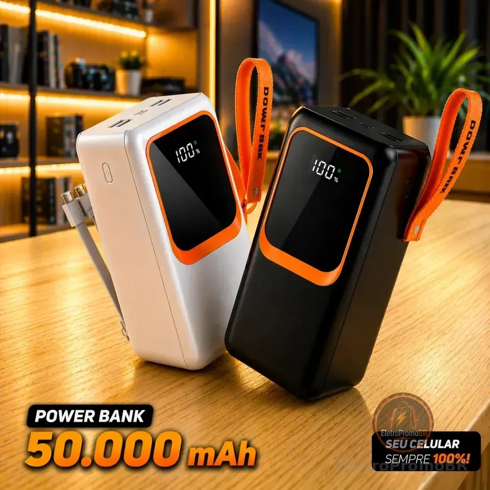 Carregador Portátil Power Bank 50000mah Usb Super Rápido Display Digital 50ahm Universal Powerbank Todos Dispositivos Sortido Preto Ou Branco Comica