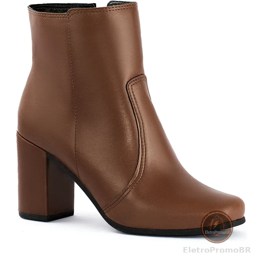 Bota Feminina Lumiss Salto Alto Grosso Cano Curto Bico Quadrado Calce Fácil Zíper Confortável