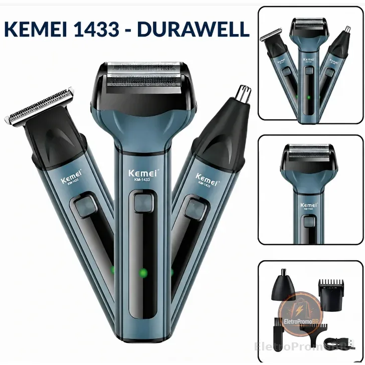 Barbeador Elétrico 3 em 1 Profissional Kemei 1433 Bivolt 110v 220v Portátil sem fio KM - 1433