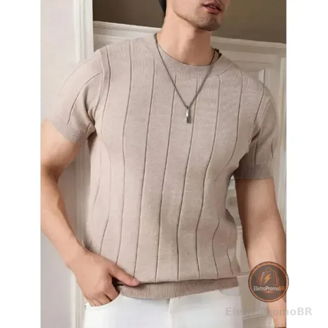 Camiseta Masculina Básica Canelada Manga Curta Tricot Modal
