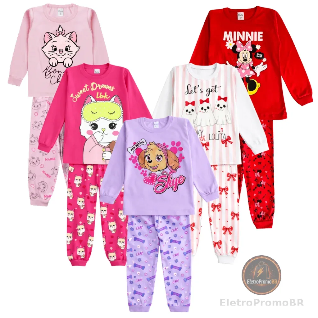 KIT 4 peças Pijama infantil MENINA inverno comprido manga longa 2 calças e 2 blusas feminino algodão