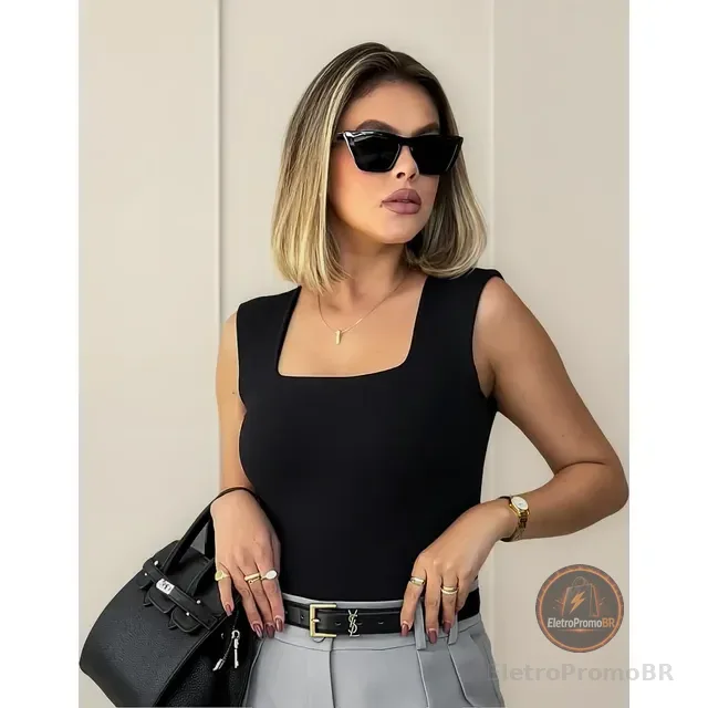 Blusa Regata Feminino Decote Quadrado Alça Grossa Casual