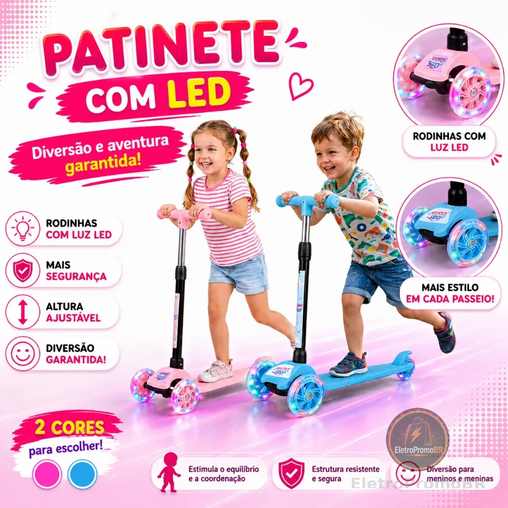 Patinete Dobrável Infantil 3 Rodas Com Led - Castela