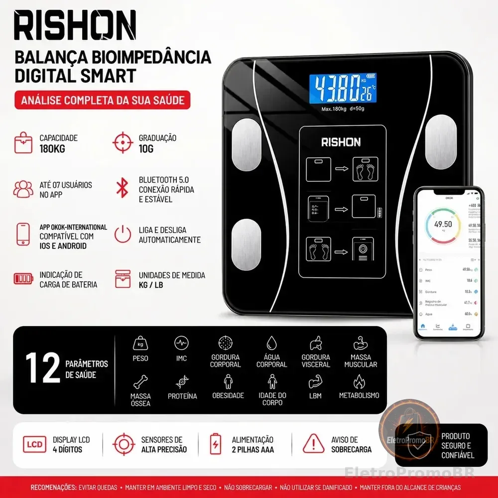 Balança Bioimpedancia Digital 180kg Smart Imc Profissional Rishon Com Aplicativo Preto