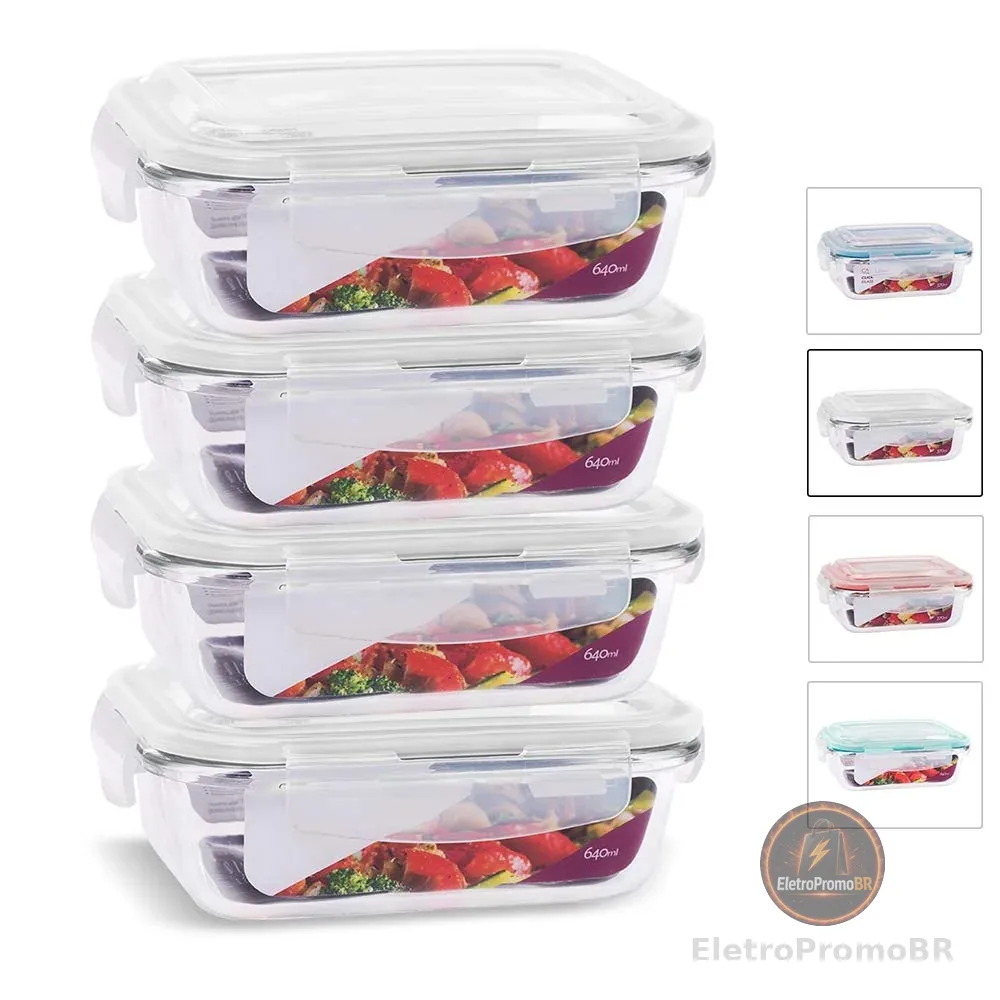 House Organizer Conjunto 4 Potes de Vidro Retangular com Tampa Hermética 640ml