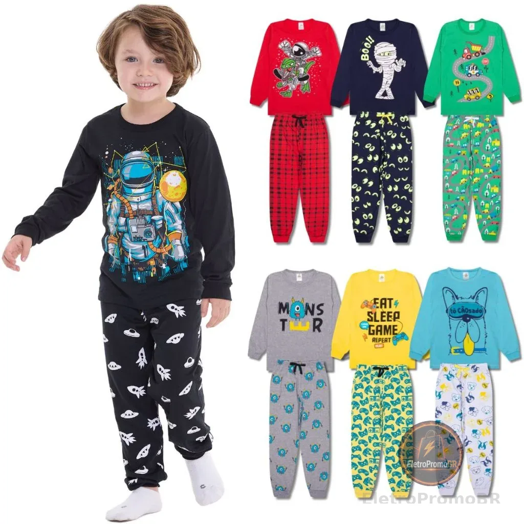 Kit Sortido 4 Peças Pijama Infantil Menino Manga Comprida Tamanho 1 ao 10