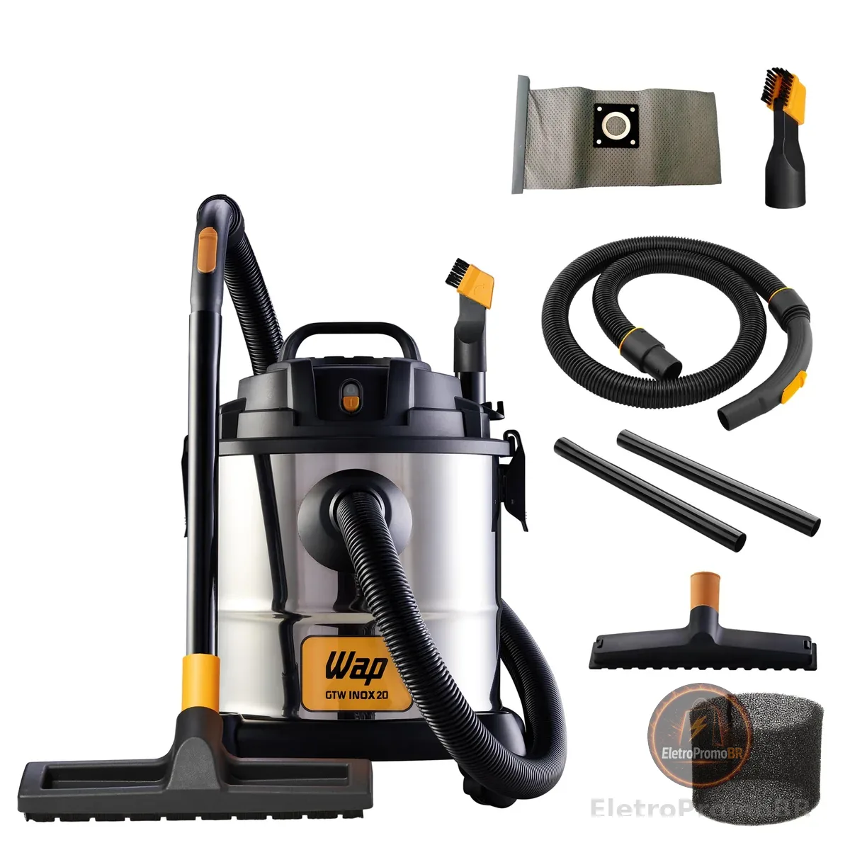 WAP Aspirador de Pó e Água Barril GTW INOX 20, Compacto, 20 Litros, com Filtro Lavável, 160mbar 1600W 127V