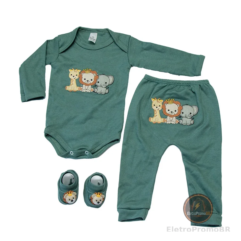 Body Bebê menino e menina Conjunto 3 peças com mijão bordado e sapatinho Safari