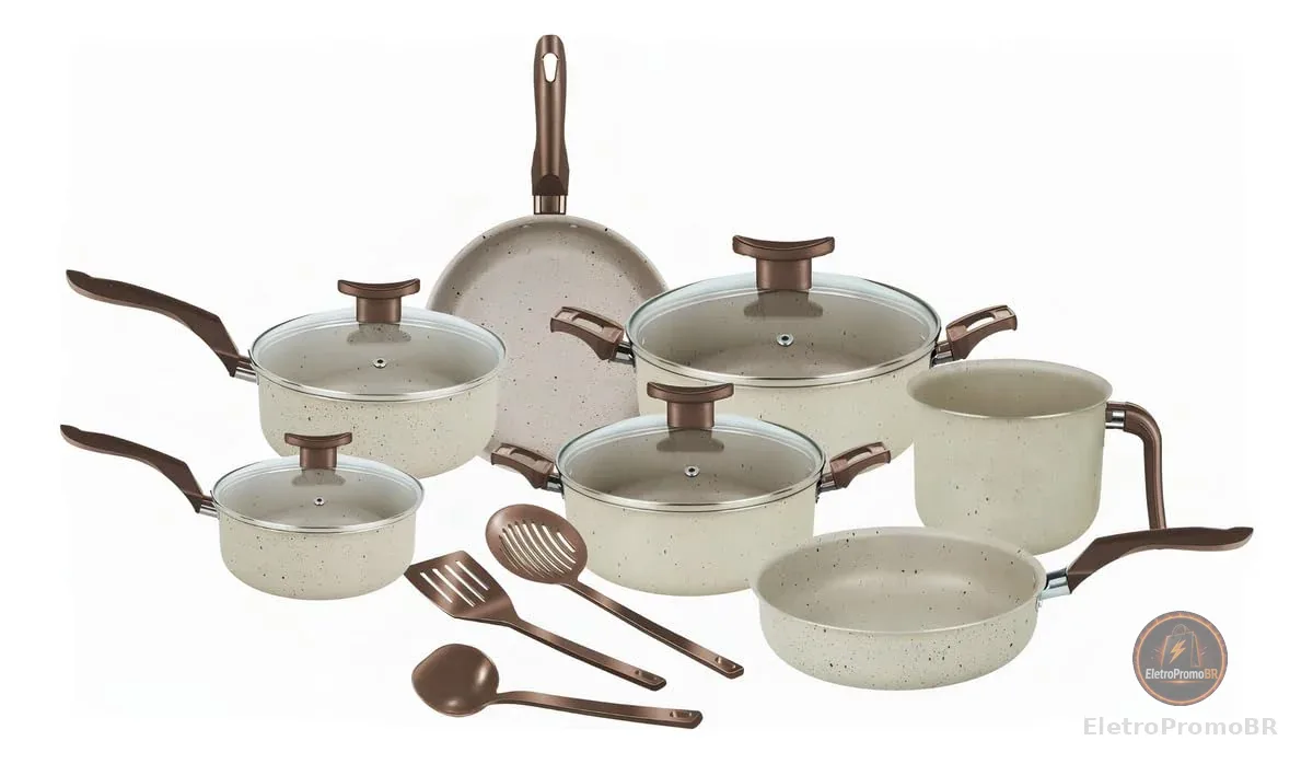 Dona Chefa, Super Jogo De Panelas 10 Peças Elegan Baunilha Tampa de Vidro Antiaderente, Conjunto de Panela para Cozinha Teflon