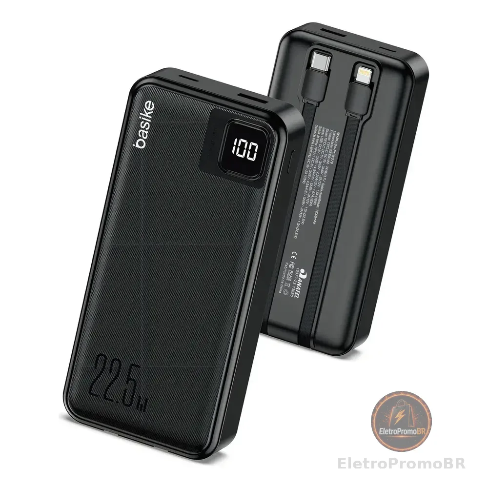 Power Bank Basike 20000mah Preto, Carga Rápida 22.5w Para iPhone E Samsung, Com Cabos Embutidos E Display