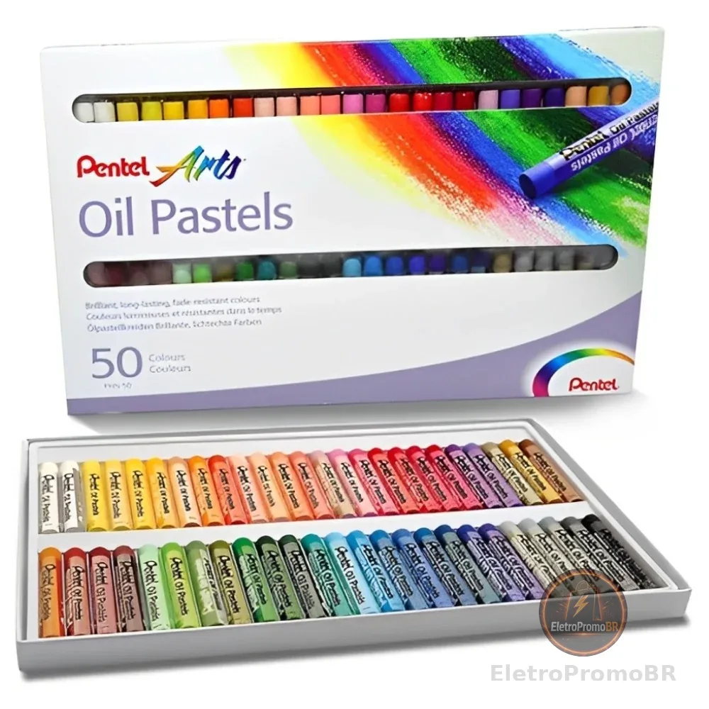 Giz de Cera a Óleo Pentel PHN-50 50 Cores Profissional Macio e Intenso para Arte Escolar e Desenhos