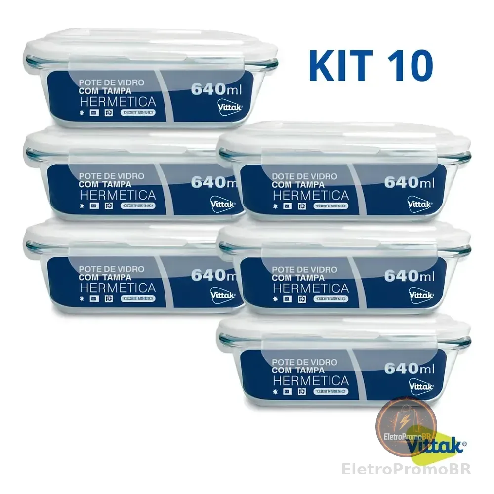 Vittak Kit 10 Potes Vidro Hermético Com 4 Travas Marmita Microondas Freezer Transparente 640ml