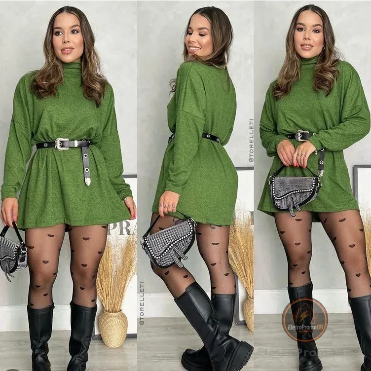 Vestido Feminino Manga Longa Gola Alta Lanzinha Lã Poncho Max Mini Vest Blusão Moda Blogueira Gringa Evangélica