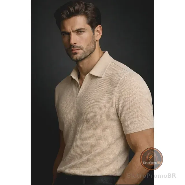 Camisa Camiseta Polo Masculina Texturizada Sem Botão
