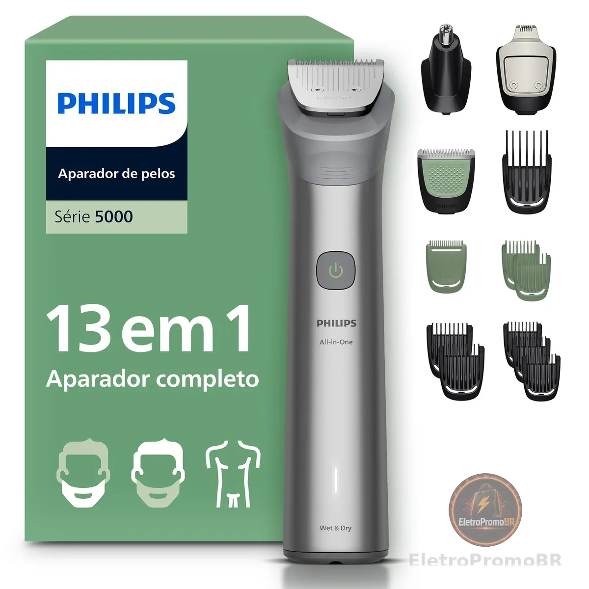 Aparador de Pelos Philips All-in-One 13 em 1 Série 5000 | Máquina para Rosto, Cabelo e Corpo | Barbeador Elétrico Multigroom à prova d'água | MG5942/15