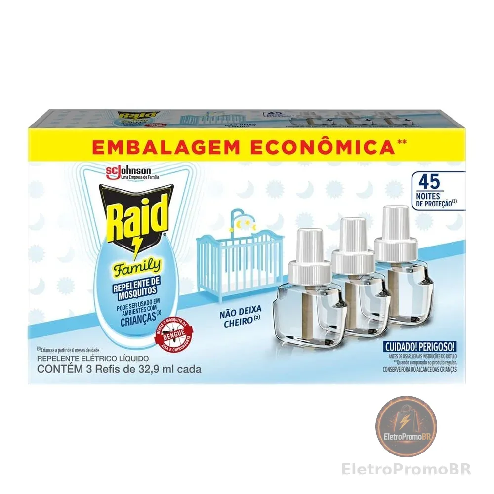 Raid Repelente Eletrico Líquido Family, 45 Noites de Proteção, 3 Refis de 32,9ml
