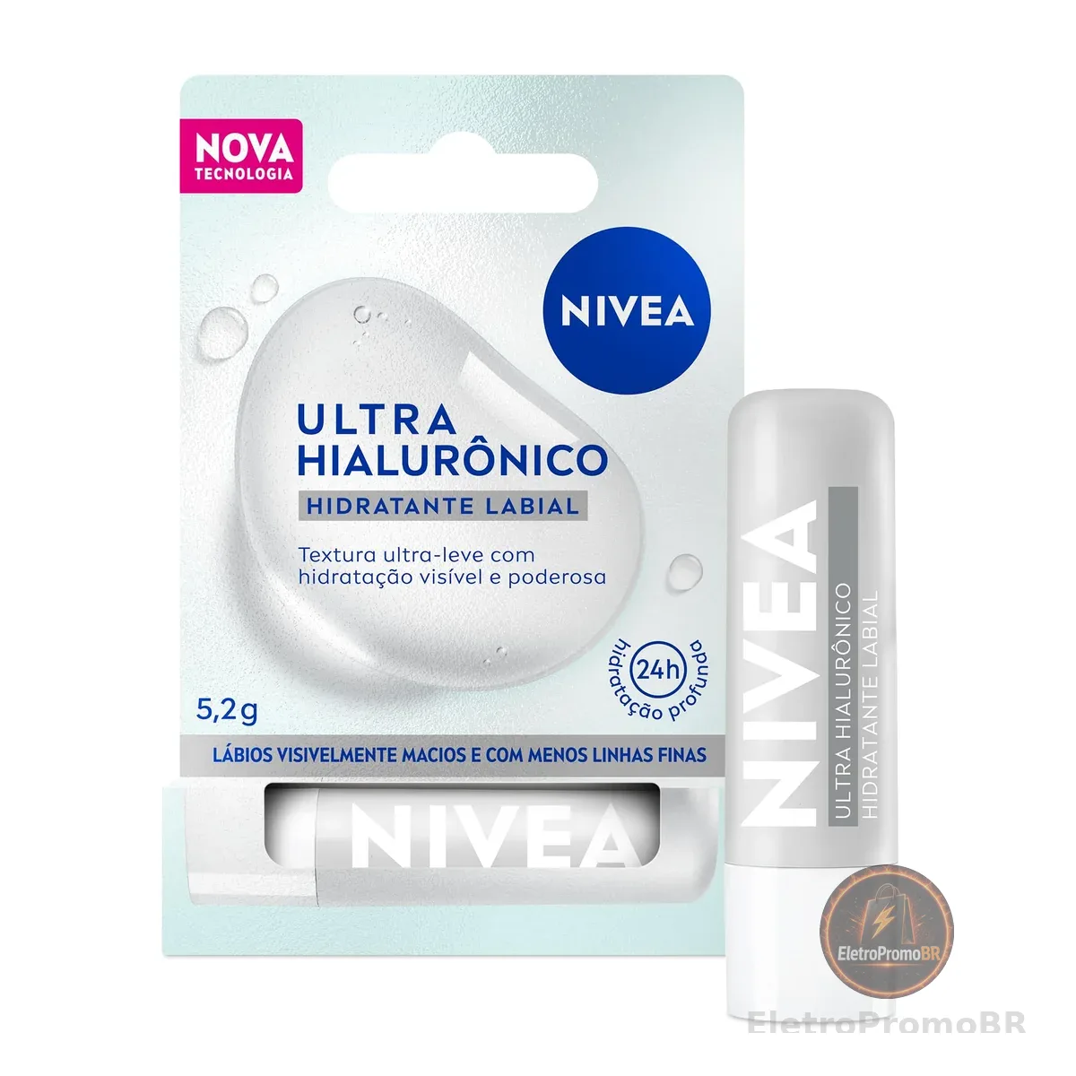 NIVEA Hidratante Labial Ultra Hialurônico 5,2g, Hidratação Profunda 24h, Lábios Macios, Ácido Hialurônico, Efeito Volume Imediato