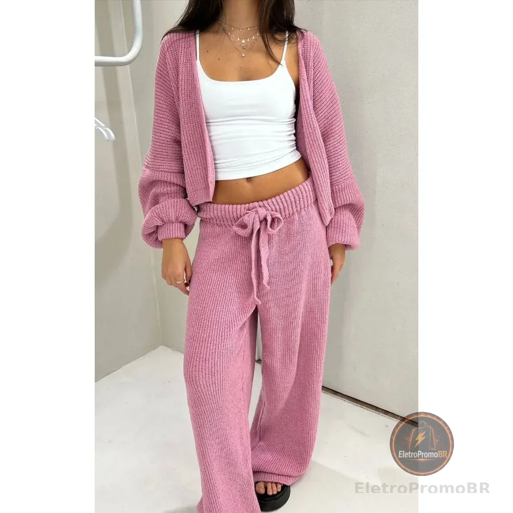 Conjunto Feminino de Tricot Mousse Premium Casaco Cardigan e Calça Com Amarração Tricô Fio Musse Moda Blogueira