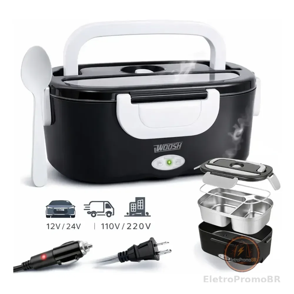 Marmita Elétrica Preta Bivolt Portátil Doméstica Veicular 12/24v Lancheira 1.5l Com Divisórias Esquenta Rápido 127/220v Woosh Preto
