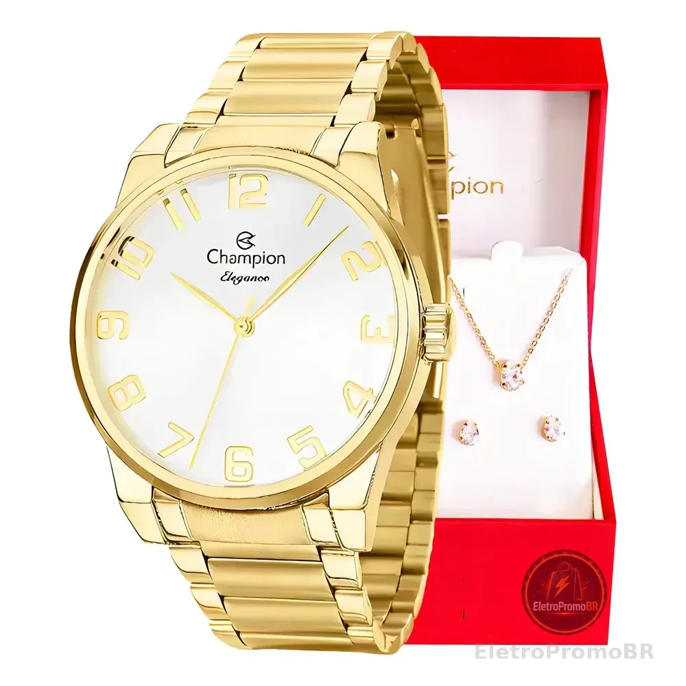 Kit Relógio Feminino Champion Dourado Cn27652w Analógico Prova D´agua 50m Com Colar E Brincos Branco