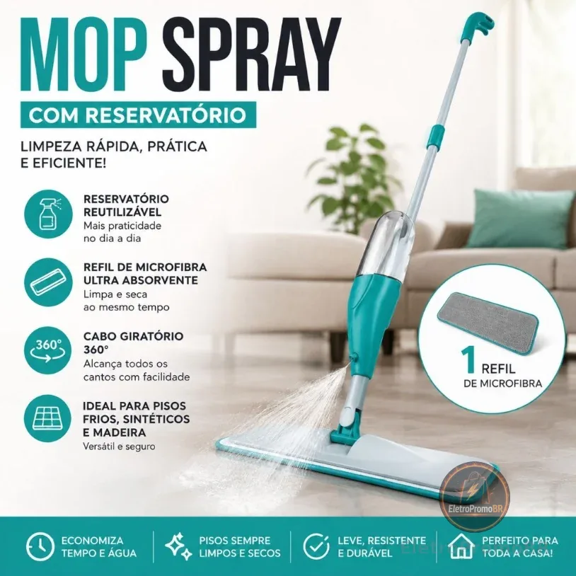 MOP Spray Reforçado Rodo Esfregão com Reservatório Rodo Magico Limpa Seca Mopi