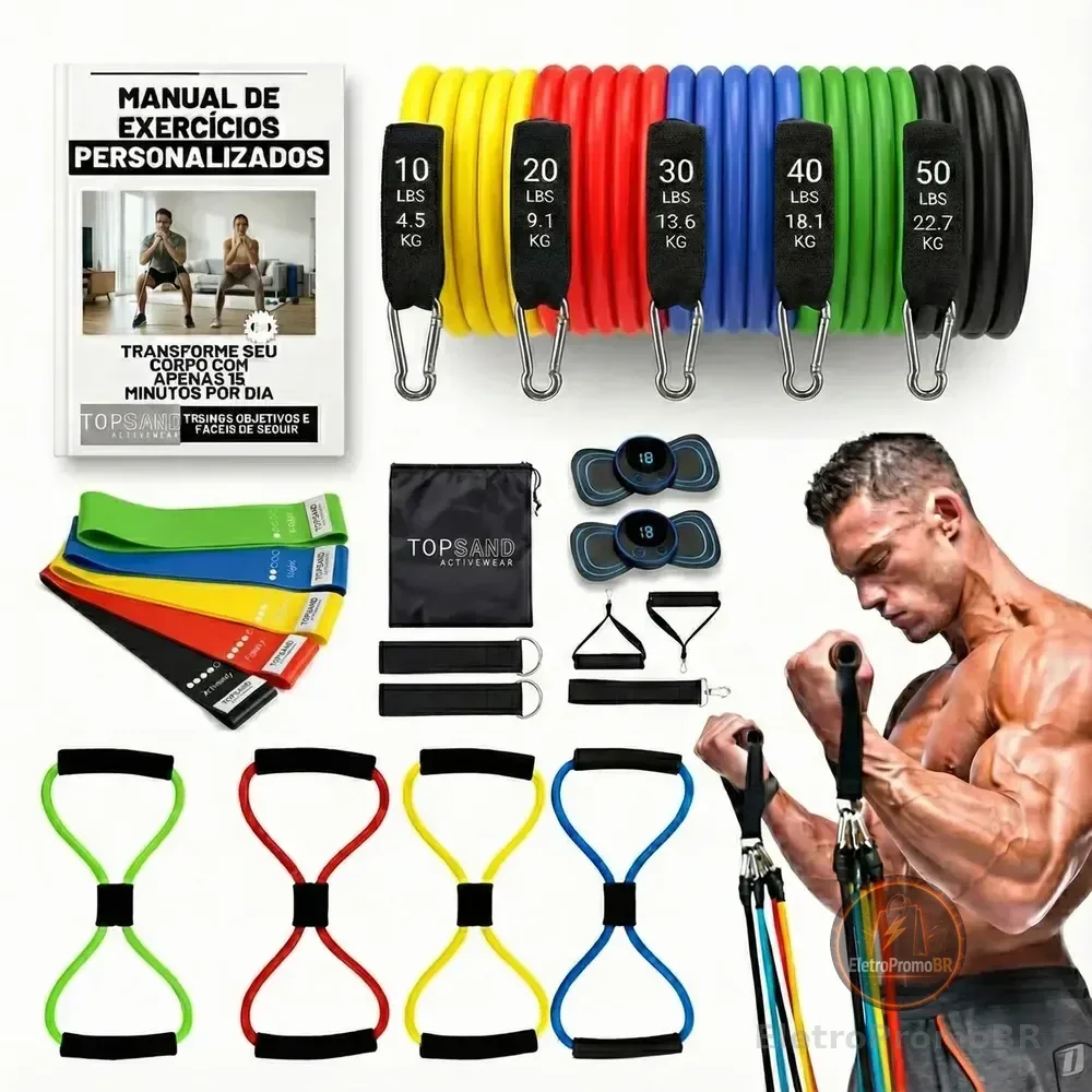 Kit 20 Itens Esportivos Para Treino Em Casa Academia Fitness Funcional Com Elásticos Extensor Puxadores Massageador... Colorido