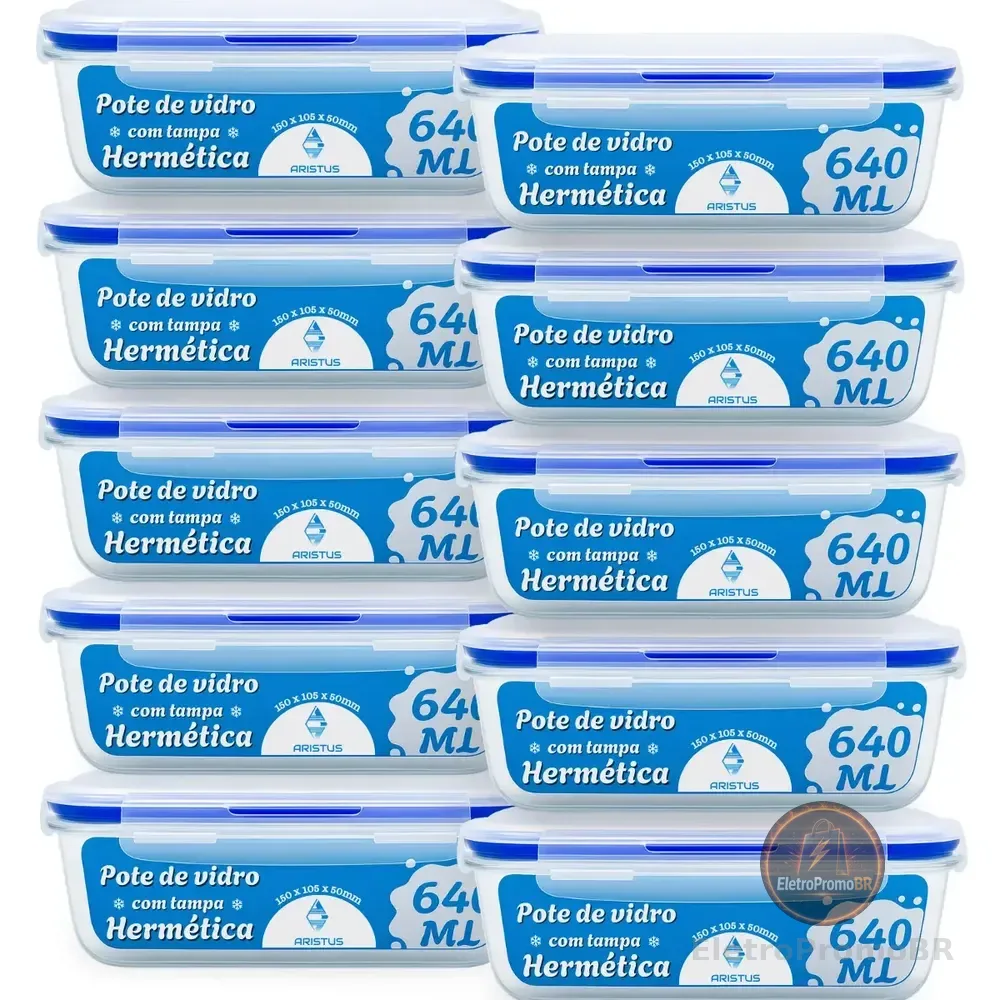 Kit 10 Potes Vidro Hermético Aristus 640ml Marmita Anti Vazamento Forno Micro-ondas Freezer Tampa 4 Travas - Azul