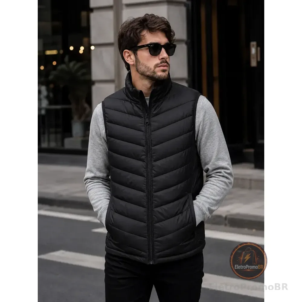 Colete Puffer Masculino Leve Inverno Casual Premium Preto Sem Capuz M