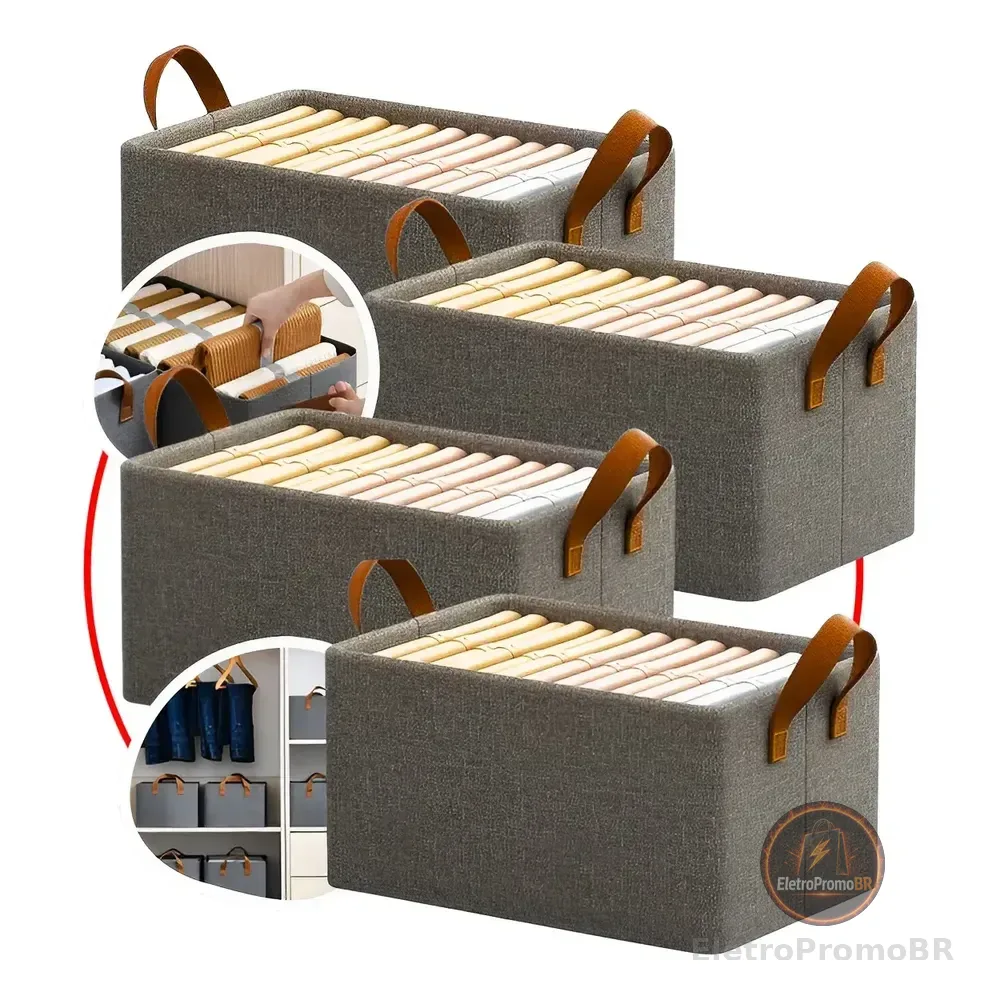 4 Caixas Organizadora De Guarda Roupa Cesto Gaveta Dobrável Cinza