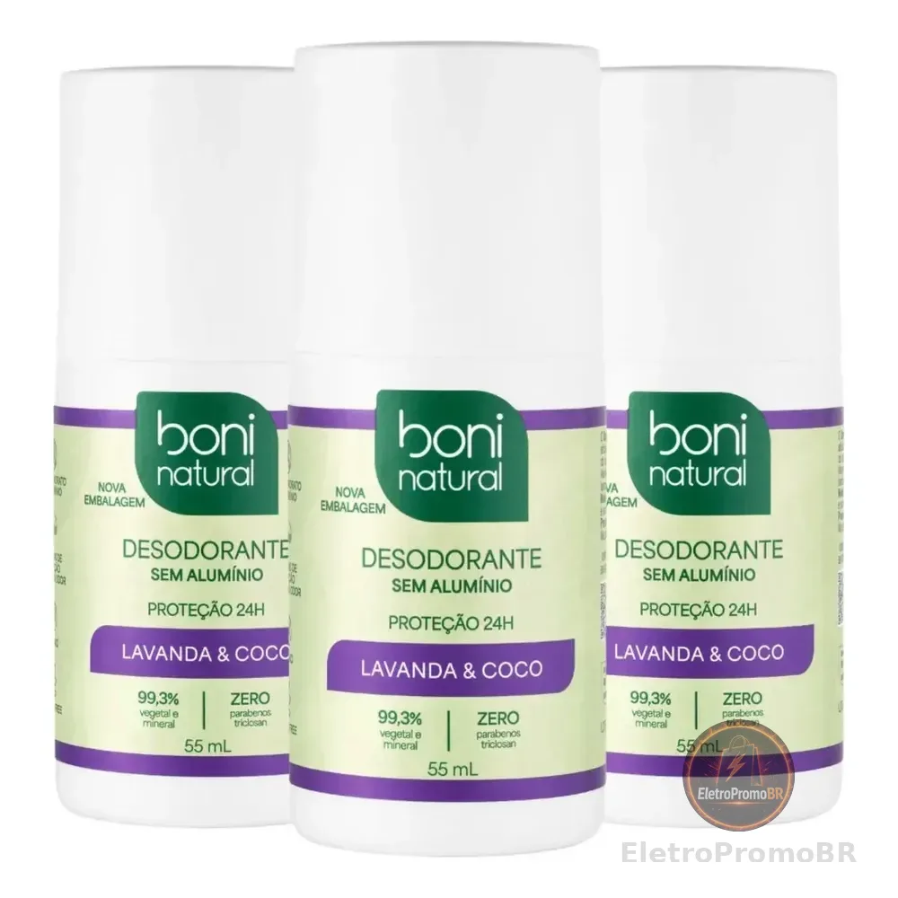 Kit 3 Desodorantes Roll-on Vegano Lavanda 55ml Boni Natural Coco E Magnésio