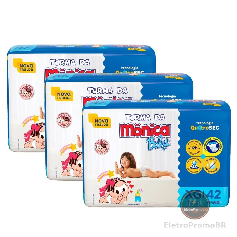 Kit 3 Fralda Turma da Mônica Baby Mega Tamanho XG 42 Unidades Descartáveis