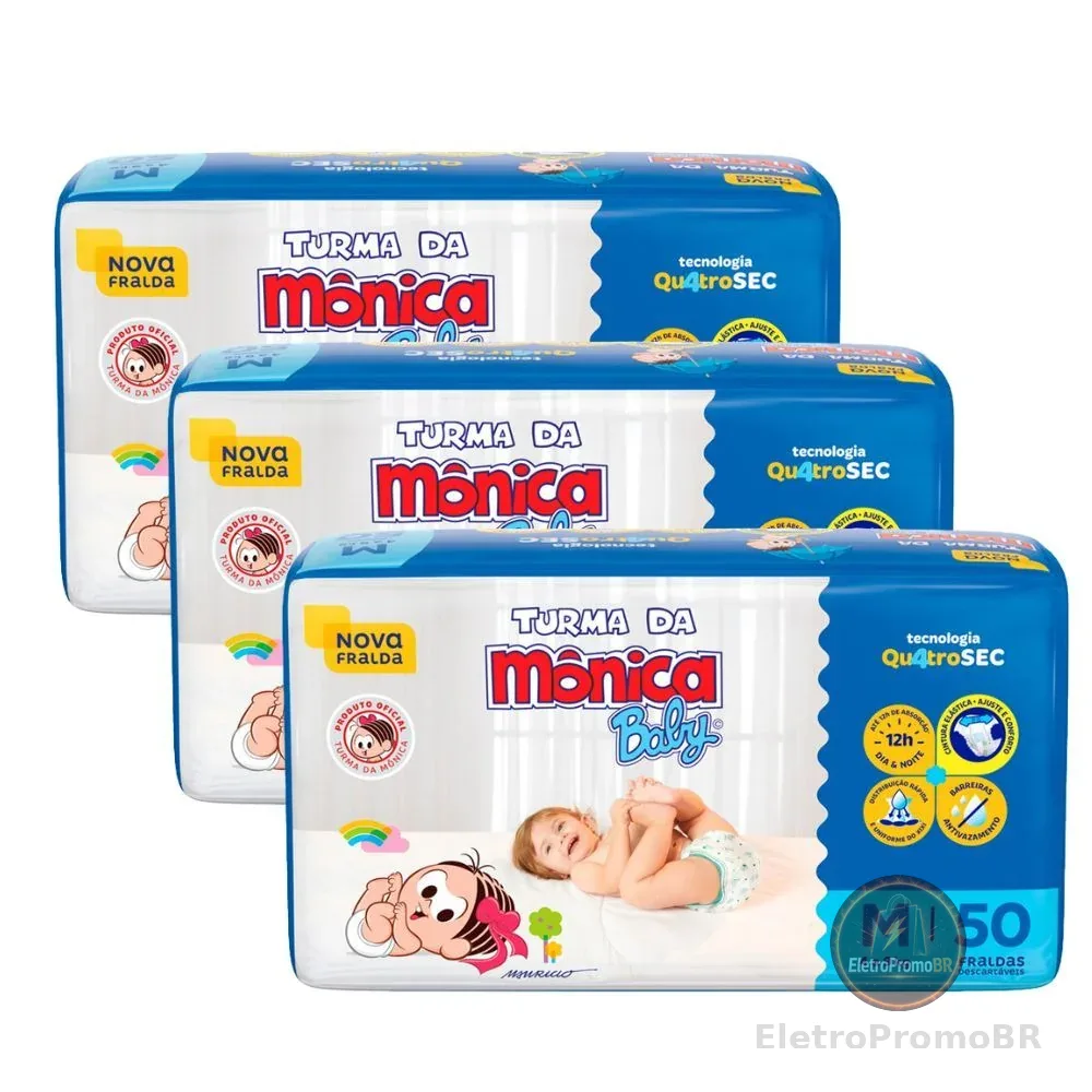 Kit 3 Fralda Infantil Turma da Mônica Baby Mega Tamanho M 50 Fraldas Descartáveis