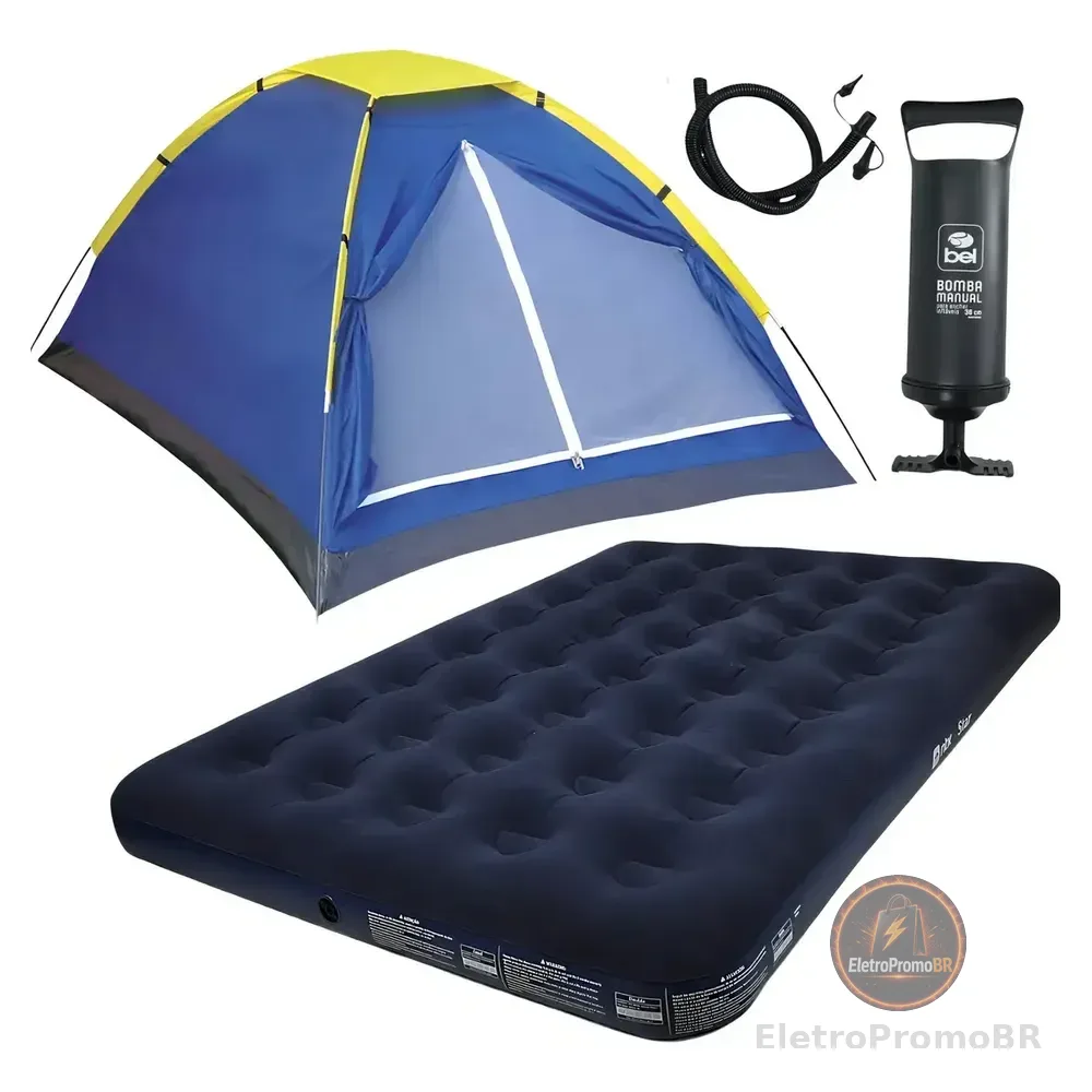 Kit Camping Barraca 2 P + Colchão Casal E Enchedor Jaú Pesca
