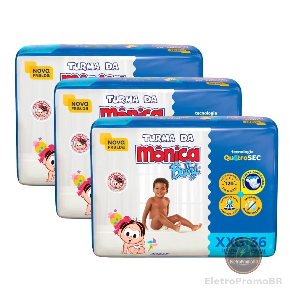 Kit 3 Fralda Turma da Mônica Baby Mega Tamanho XXG 36 Unidades Descartáveis
